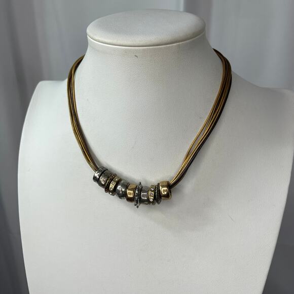 Chico's gold tone necklace beaded signed costume jewelry disks black cord - Picture 1 of 13